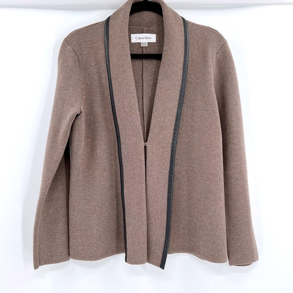 Calvin Klein Women's sz M Taupe/Black Open Front Knit Cardigan Faux Leather Trim - Picture 2 of 13